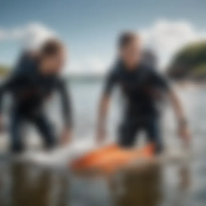 A dynamic scene of watersport enthusiasts engaging in activities around a concentrated school of fish, demonstrating interaction with marine life.