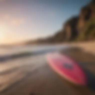 A surfboard leaning against a vibrant beach scene, representing the allure of aquatic adventures.