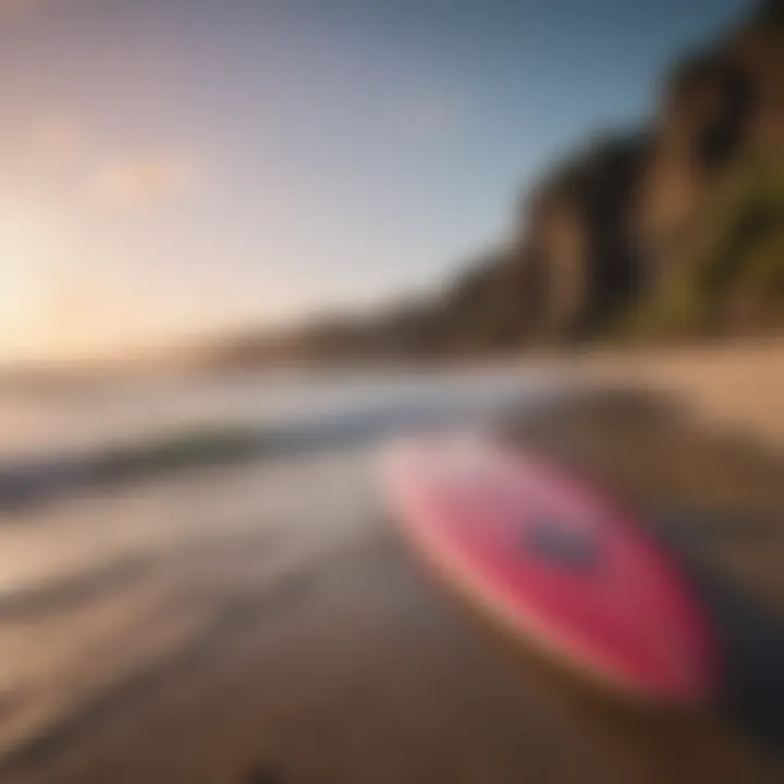 A surfboard leaning against a vibrant beach scene, representing the allure of aquatic adventures.