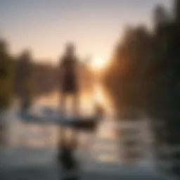 A paddle boarder racing across a serene lake at sunset, showcasing the beauty of the sport
