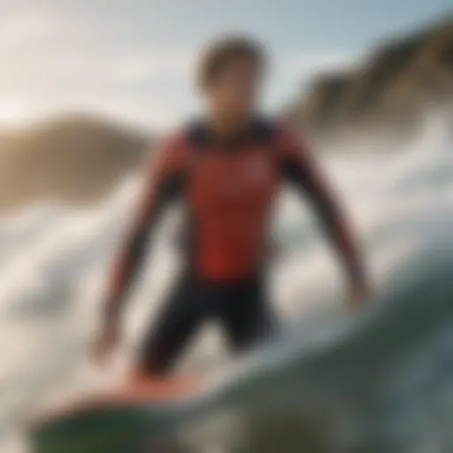 A surfer riding a wave while wearing a life jacket