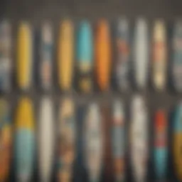 A vibrant collage of surfing-themed stickers on a surfboard