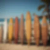 A collection of vintage rusty surfboards displayed against a vibrant beach backdrop.