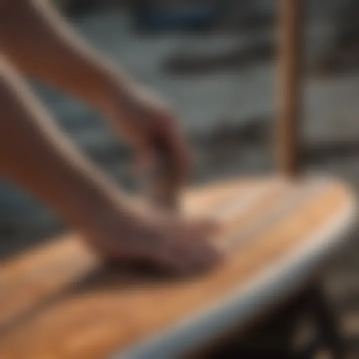 A surfboard artist restoring a rusty board, demonstrating craftsmanship and dedication.