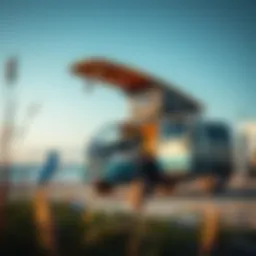 A stylish surfing van parked on a scenic beach