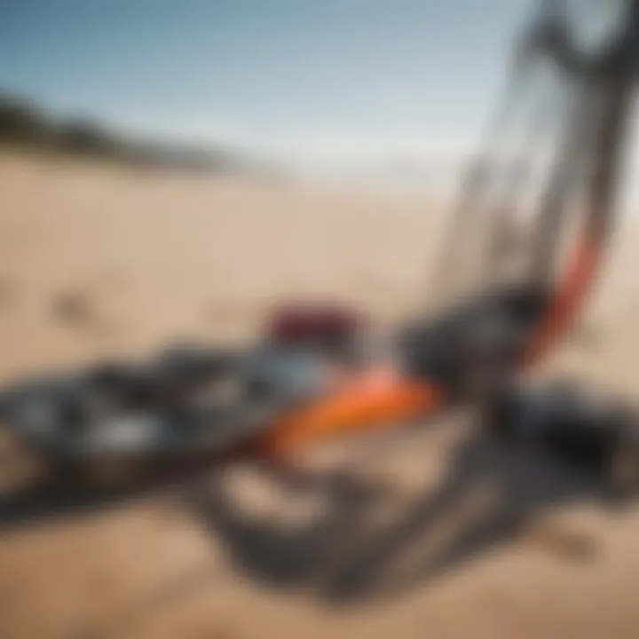 An array of kitesurfing equipment displayed on a beach