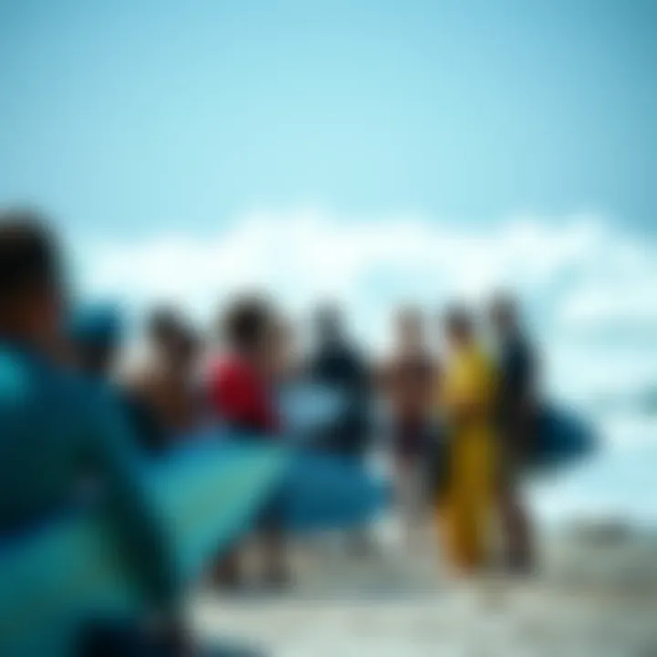 Community gathering of surfers discussing surf conditions