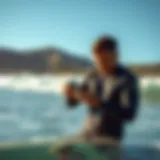 A surfer checking conditions on a surf check app