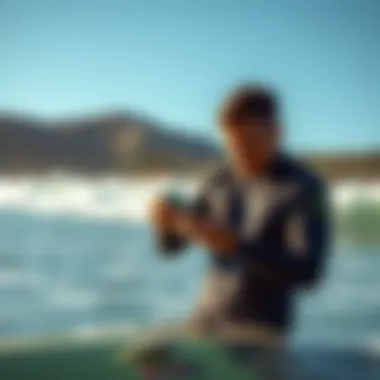 A surfer checking conditions on a surf check app