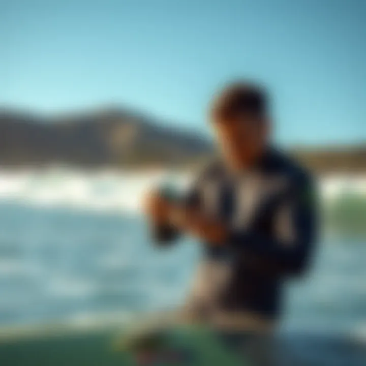 A surfer checking conditions on a surf check app