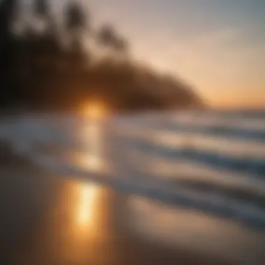 Sunset over the ocean with surfers silhouetted on the horizon at Pavones