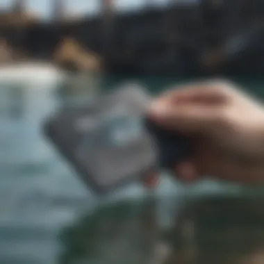 User demonstrating the practical features of the Rip Curl Magic Wallet in an aquatic setting.