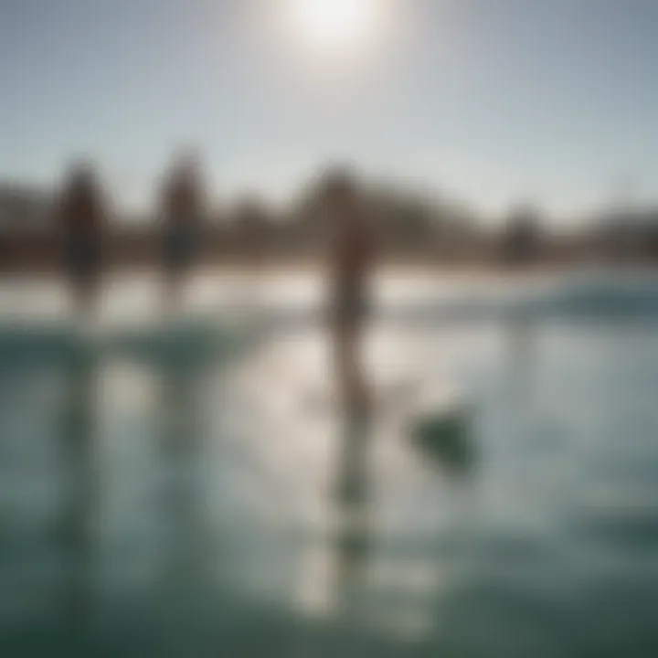 A diverse group of surfers enjoying the Slater Wave Pool, representing its inclusive culture