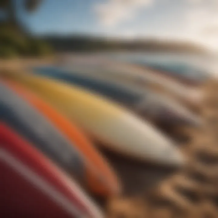 A close-up of surfboards lined up on the beach, symbolizing the local surf culture.