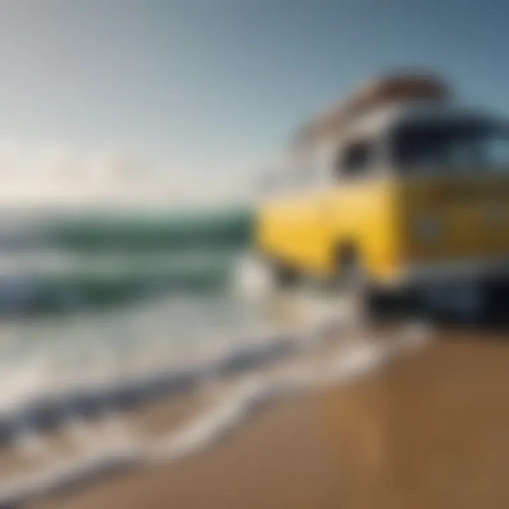 A breathtaking view of surfers catching waves, with a campervan in the foreground.