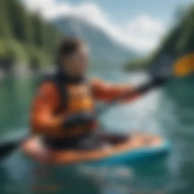 Person wearing neoprene mittens while kayaking in clear blue waters