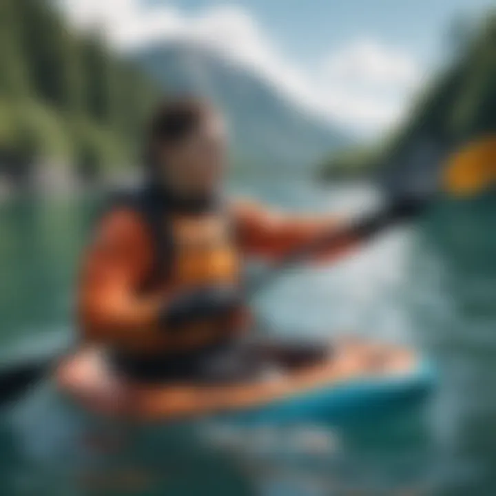 Person wearing neoprene mittens while kayaking in clear blue waters