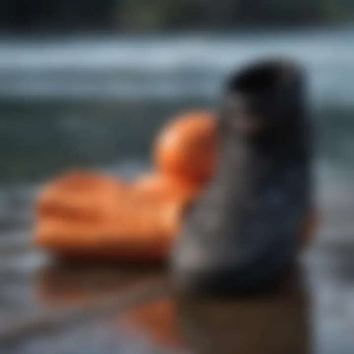 Neoprene mittens displayed next to essential watersports gear