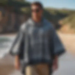 Stylish beach poncho displayed against a vibrant seaside backdrop