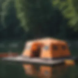 Inflatable detailing tent set up by a lake with kayaks nearby