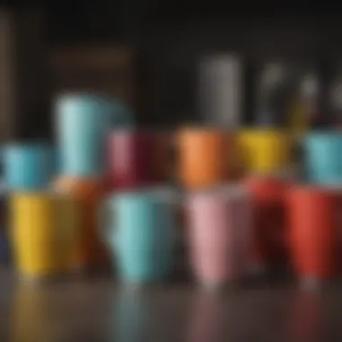 Different color variations of Corkcicle mugs arranged aesthetically