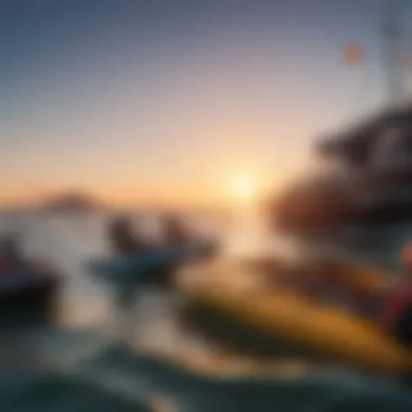 Illustration of a colorful array of watersports equipment against a sunset backdrop