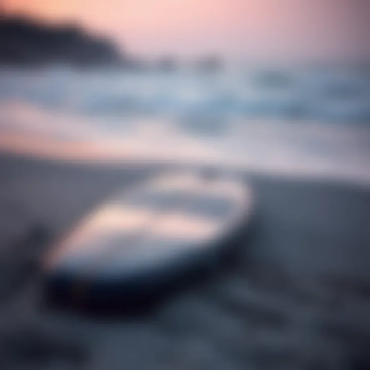 A sleek Wavestorm longboard on a sandy beach