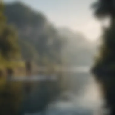 A scenic view of a serene waterway with multiple stand-up paddleboarders using hydrofoils, highlighting community and leisure.