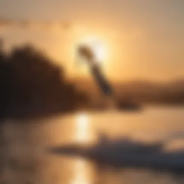 Wakeboarder performing an impressive aerial trick against a stunning sunset backdrop