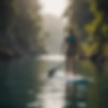 A paddleboarder gracefully navigating through a serene cove