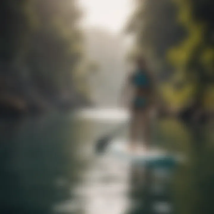 A paddleboarder gracefully navigating through a serene cove