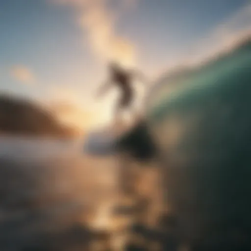 A surfer riding a massive wave at sunset