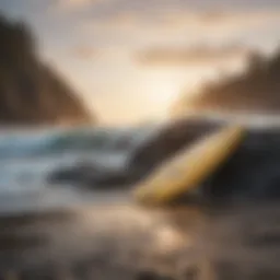 Surfboard on rocky shoreline with crashing waves