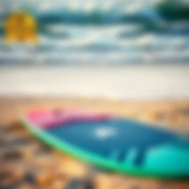 A vibrant bodyboard resting on a sandy beach with waves crashing in the background