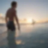 Surfer inspecting used soft top surfboard