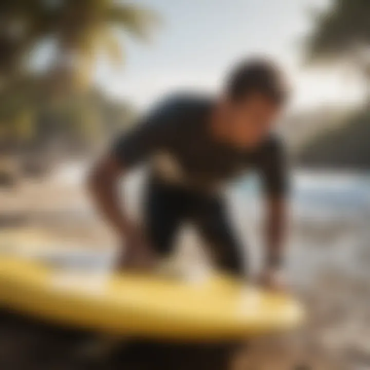 Surfer waxing a used soft top surfboard