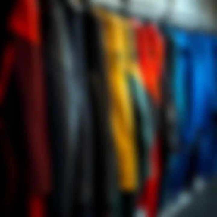 A collection of various used wetsuits hanging on a rack, showcasing different colors and styles.