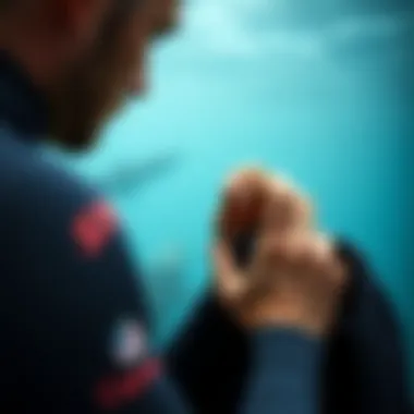 A person inspecting the quality of a used wetsuit, evaluating its condition and seams.