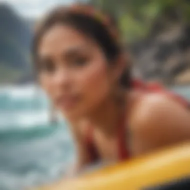 Artistic representation of Hawaiian cultural elements in a vintage poster
