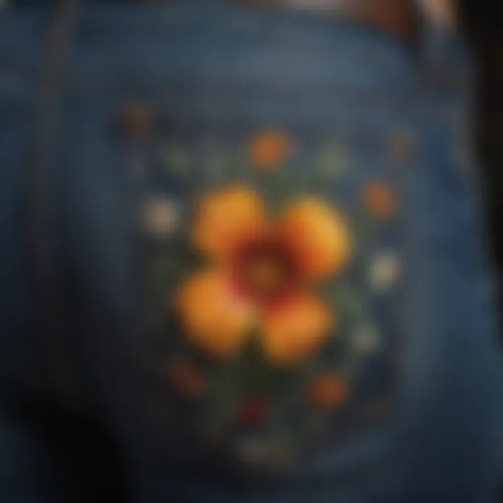 Detailed view of wallflower low rise jeans showcasing unique stitching patterns