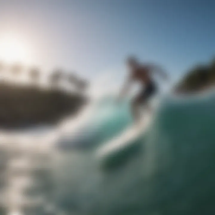 A group of professional surfers riding the waves in a wave pool