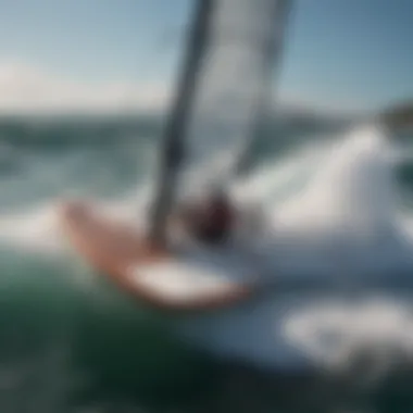 Close-up of high-performance wind surf board slicing through the waves