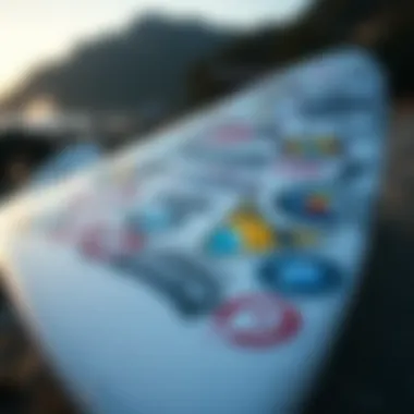 Brand Promotion through Surfboard Stickers A surfboard prominently displaying stickers used for brand promotion