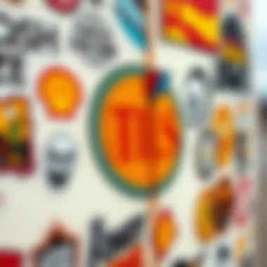 Cultural Themes in Surfboard Stickers Close-up of a surfboard covered in large stickers highlighting cultural themes