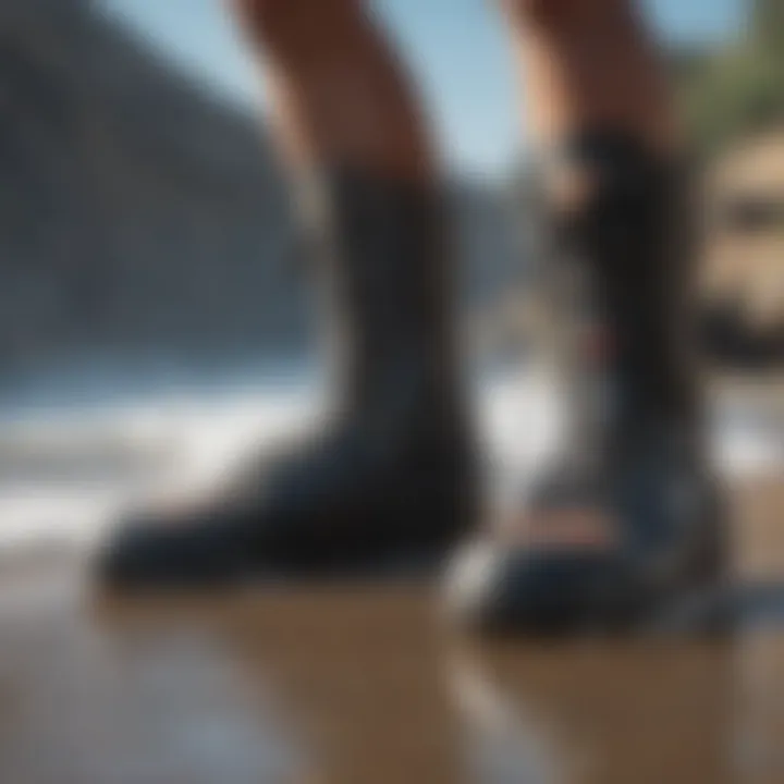 Surfer examining grip enhancement feature on surf boots at TideThrill