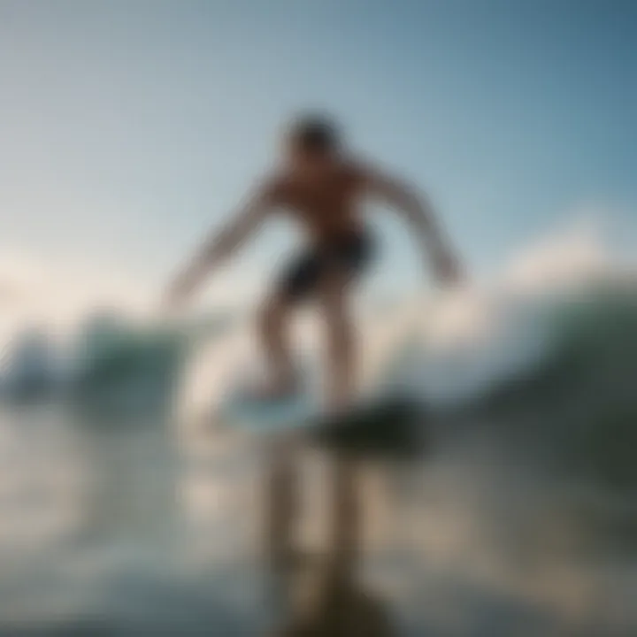 Skimboarder gliding gracefully on the water's edge