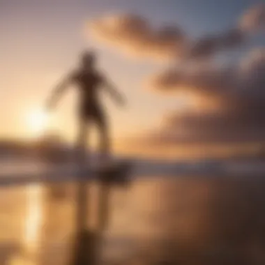 Skimboarding at sunset with vibrant skies in the background