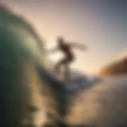 A surfer catching a wave at sunset