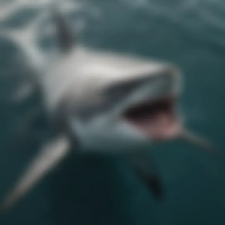 Dramatic aerial view of great white shark hunting in crystal clear waters