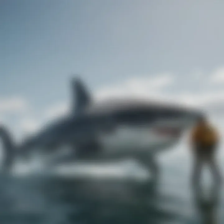 Group of researchers observing giant great white shark from a safe distance